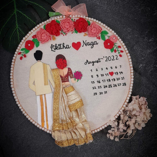 Personalized Handmade Wedding Hoop Art with Calendar  | Unique Anniversary Gift, Engagement Gift for Fiance, Wedding Gift | Embroidery Frame