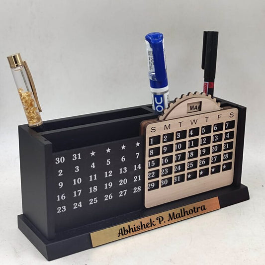 Personalized Wooden Calendar Table Pen Stand with name