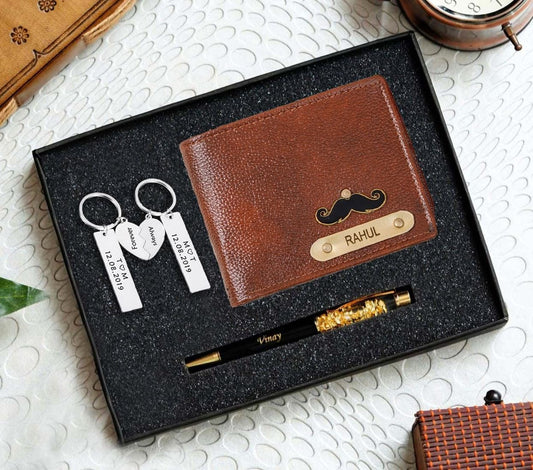 Personalised Men's Wallet, Pen & Couple Matching Keychain  Combo